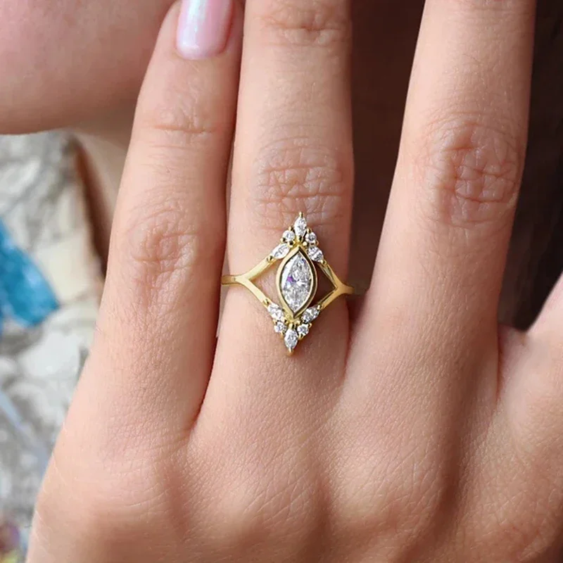 2026 Modern Fashion Women Wedding Rings Geometric Shaped Gold Color Cubic Zirconia Ring Engagement Party Luxury Female Jewelry