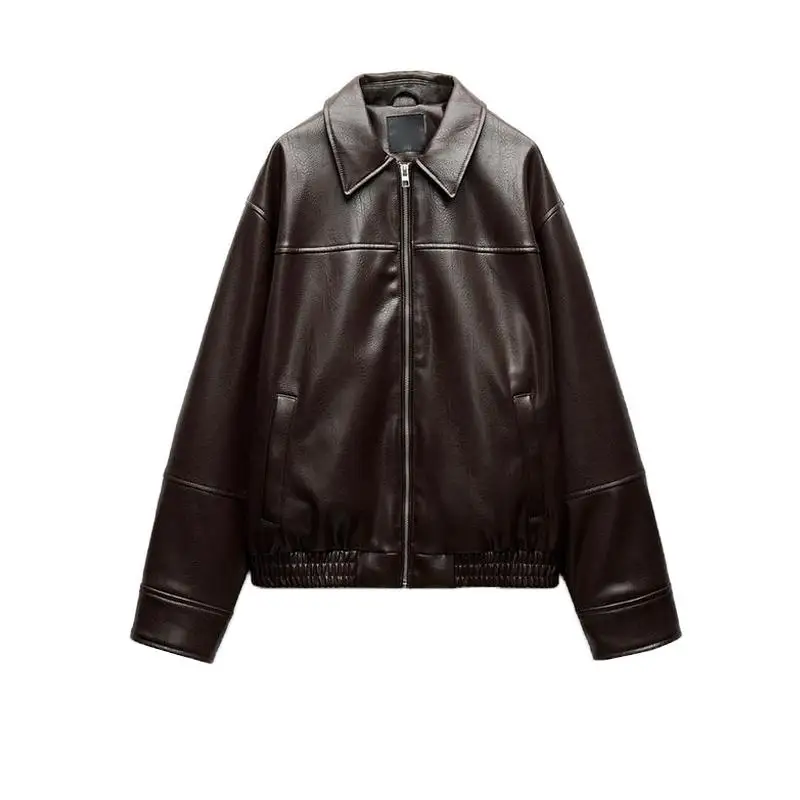 خريف شتاء جديد المرأة طويلة Sve بولي Leather الجلود الطيار Jaet معطف الوجه طوق ملابس خارجية تخفيف Sle فضفاضة تناسب البوليستر