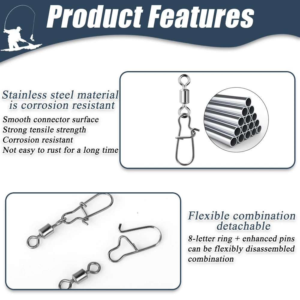 스테인레스 스틸 낚시 커넥터, 스냅 베어링, 롤링 낚시 후크, 바다 낚시 루어, 다기능 핀 지그 태클, 50 100 개
