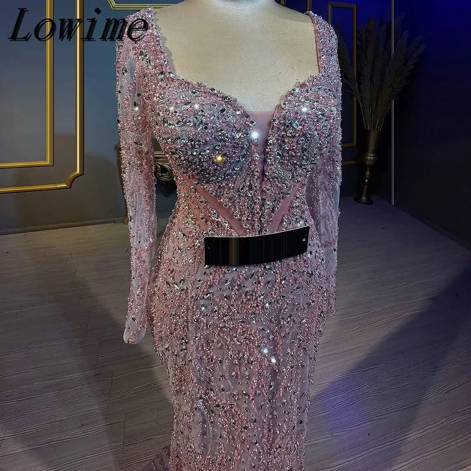 Customized Dusty Rose Long Sleeves Evening Gown with Detachable Train 3D Crystal Embellished Muslim Party Dress