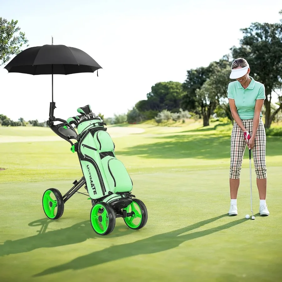 عربة دفع جولف قابلة للطي ذات 4 عجلات لسهولة المشي على الدورات تتميز بأشرطة مرنة ومظلة وحامل أكواب وتخزين لوحة النتائج L