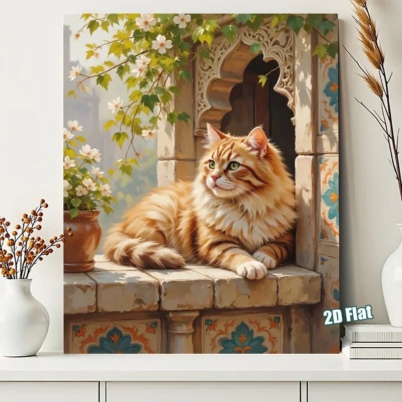 [Professional Art Use] 1pc 2D Flat Window Sill Orange Cat Afternoon Adult Beginner Digital Oil Painting Set, Includes Acrylic Pa