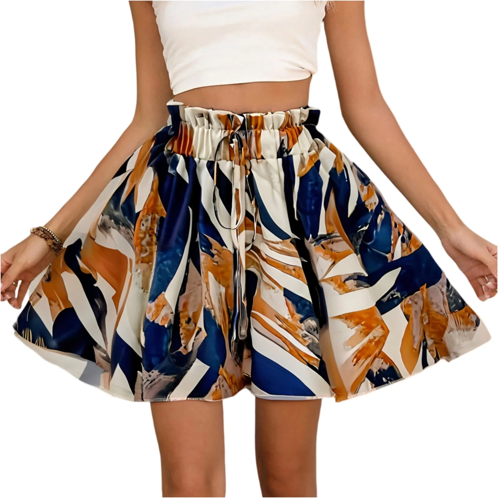 شورت نسائي بوهيمي شورت فضفاض عالي الخصر برباط خفيف الوزن ومريح للشاطئ مطبوع بنطال قصير بأرجل واسعة