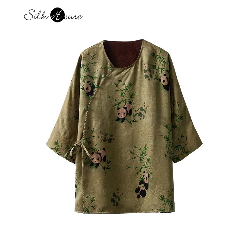 New Chinese 100% Natural Mulberry Silk Gambiered Guangdong Gauze Printed Seven Quarter Sleeve Jacquard Women's Fashionable Top