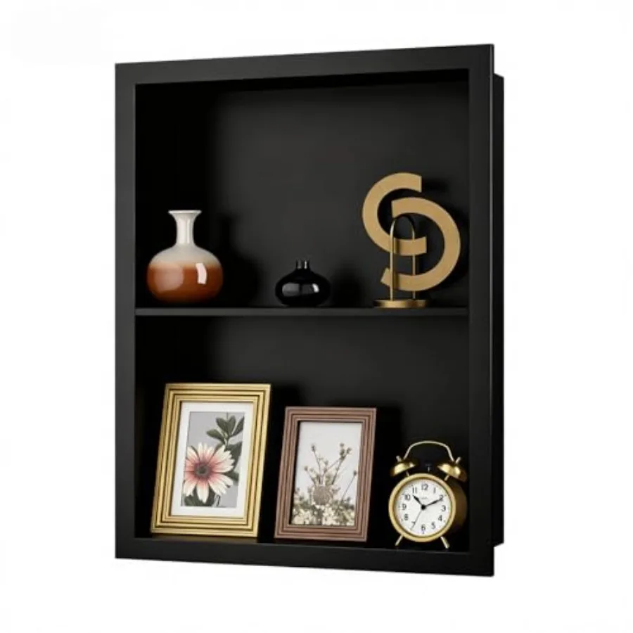 Bathroom recessed medicine cabinet for wall niche or shower, stainless steel, matte finish, space-saving design with adjustable