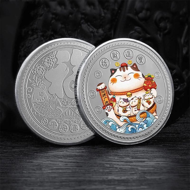 Chinese Lucky Cat Coins Mascot Bring In Wealth and Treasure Collectible Coins Golden Painting Metal Souvenir