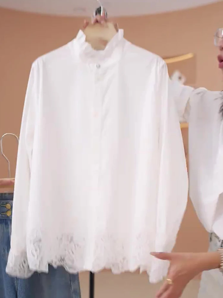 Ele Lace Splice Long Sve irt Damen Faionable Frühherbst-Design Einfaches, bequemes Oberteil, gerader Schnitt, reine Farbe