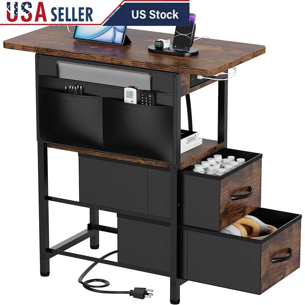 

Small Nightstand with Charging Station USB and Type-C Ports Storage Pocket Multifunctional End Table Bedroom Living Room