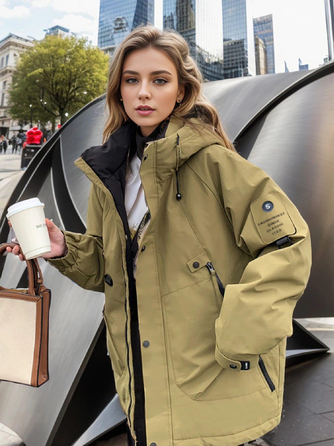Conciso Women Outdoor Parka Mountaineering Casual Jacket Fashion Loose Winter Jacket Hooded Stand-Up Collar Coats MZ-23336
