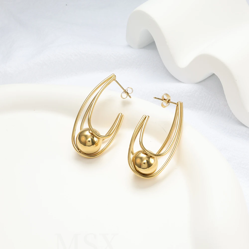 

New Minimalist Geometric Design Gold Color Big Round Bead Pendant Stainless Steel Earrings Women Fashion Elegant Jewellery Women