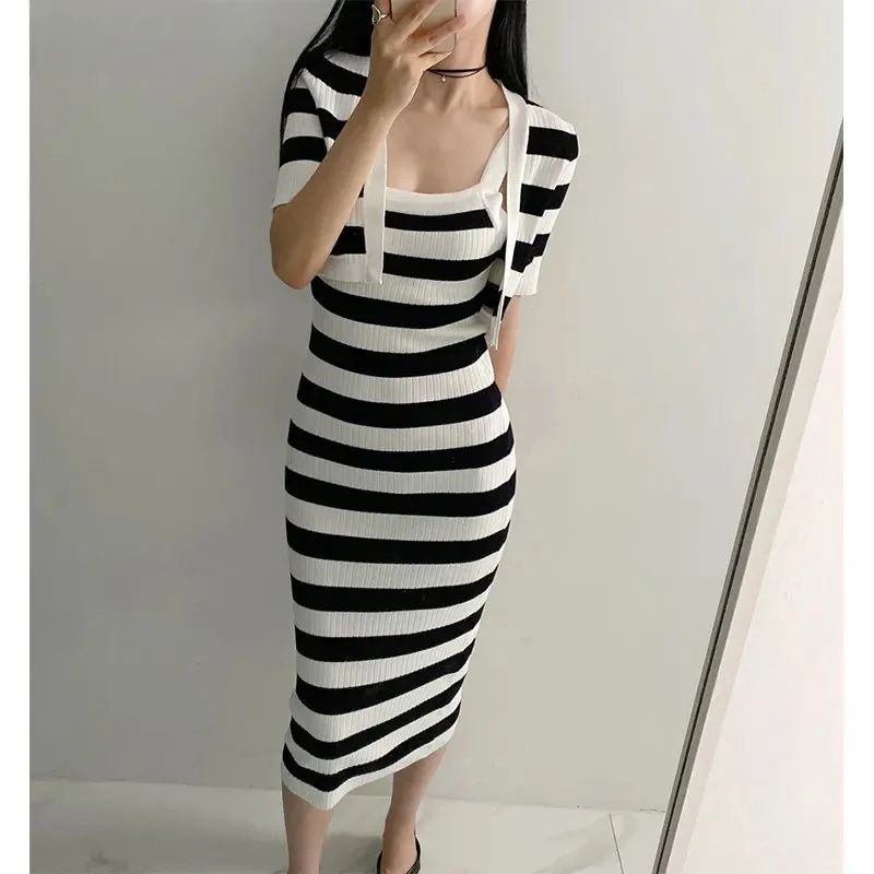 

2024 Korean Chic Summer New Stripe Two Piece Set Medium Length Slim Fit Knitted Dress Elegant Comfortable Casual J276