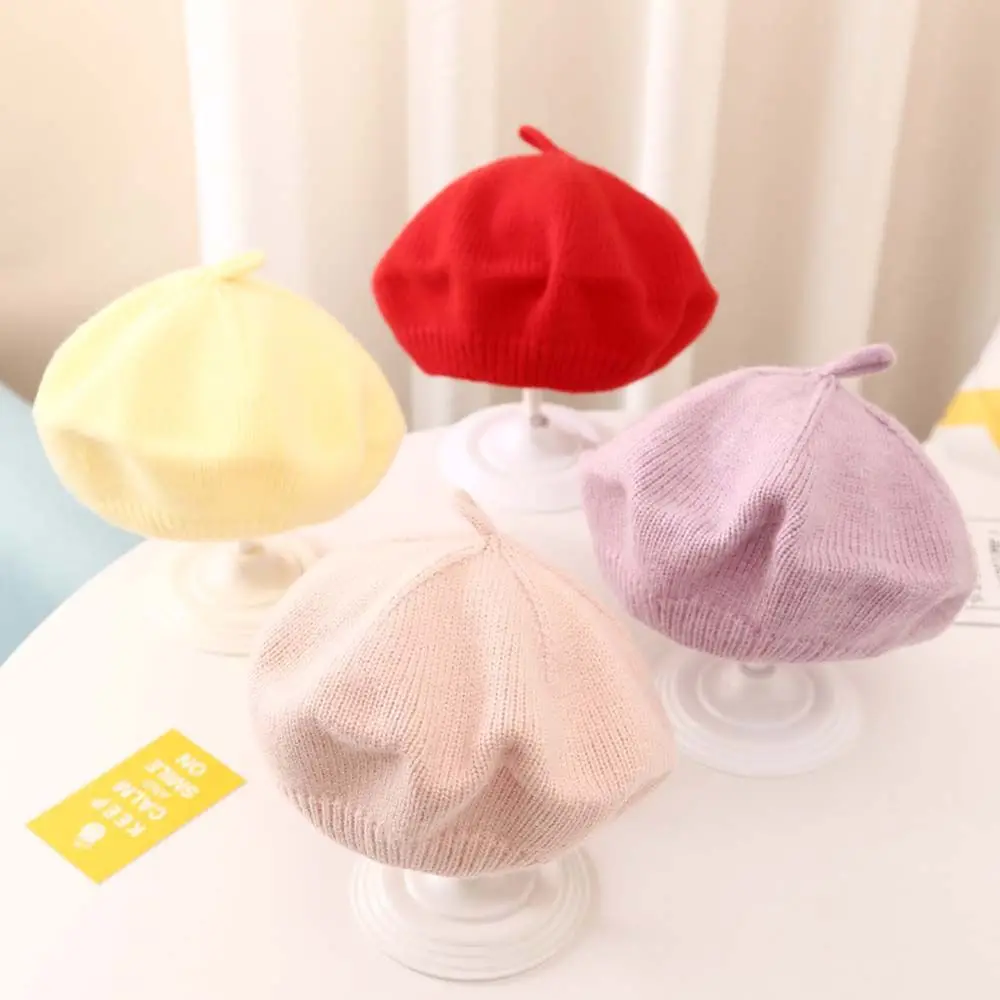 

Vintage Kids Pure color Autumn Winter Children Accessories Woolen Baby Hat Girl Bonnet Berets Hat Knitted Cap