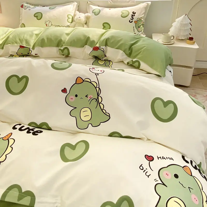 

Cute Dinosaur Bedding Set Hot Sale Ins Single Queen Size Duvet Cover No Filler Flat Sheet Pillowcase Home Hotel Bed Linens