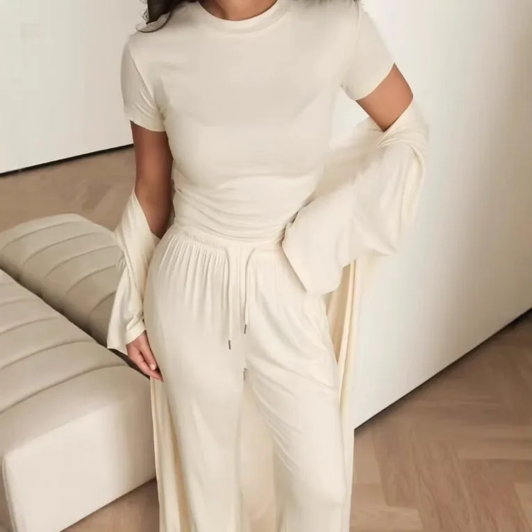 

Women Autumn Knitted 3 Piece Outfit Round Neck Short Sleeve Top+buttonless Long Cardigan+Drawstring Straight Pants For Female