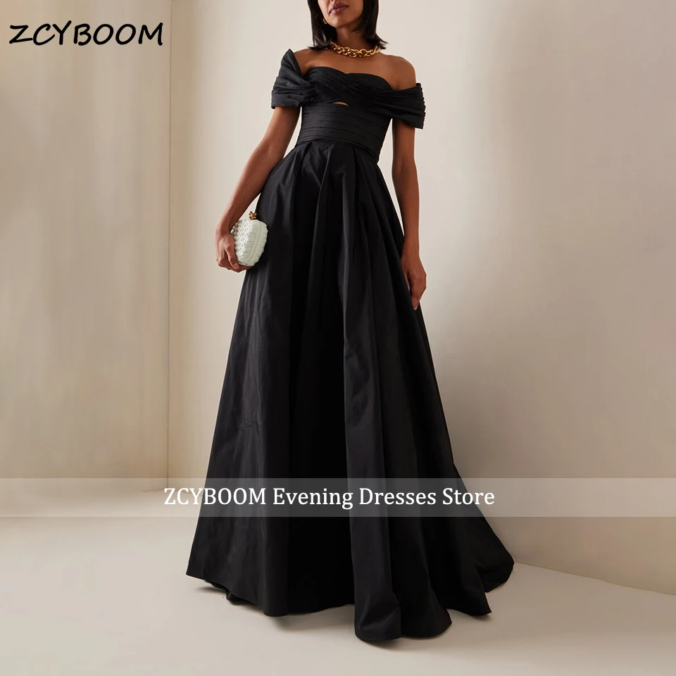 

Customized Elegant Black Off The Shoulder A-Line Formal Evening Dress 2025 Satin Pleated Sleeveless Floor Length Party Prom Gown