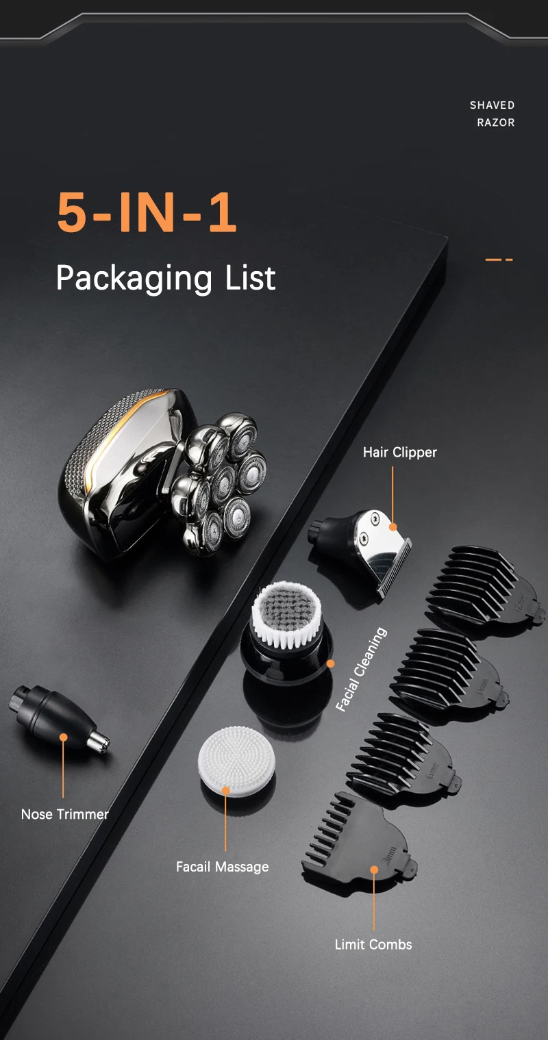 Floating 7-Blade 5-in-1 Electric Shaver For Men Rechargeable Nose Hair Trimmer Facial Cleaning Massager Bald Head Beard Razor