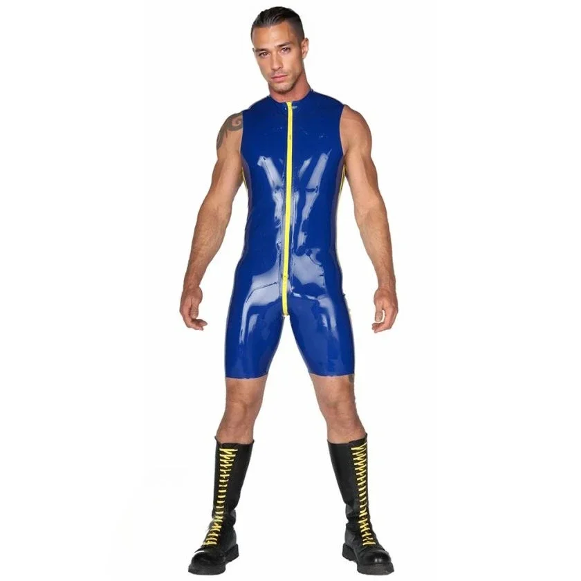 

Латексное боди eurocat по индивидуальному заказу, мужское синее латексное боди без рукавов с желтой молнией, короткий резиновый костюм, клубная одежда