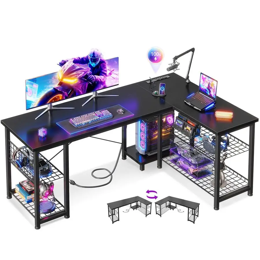 

51 Inch L Shaped Gaming Desk with Shelves amp Power Outlets, Reversible Computer Desk with Storage Shelves for Home Office, Bla
