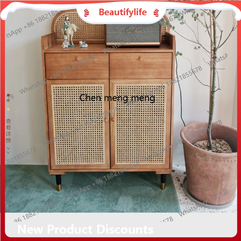 

Solid wood dining side, rattan entrance, Nordic living room storage cabinet, modern tea, locker H