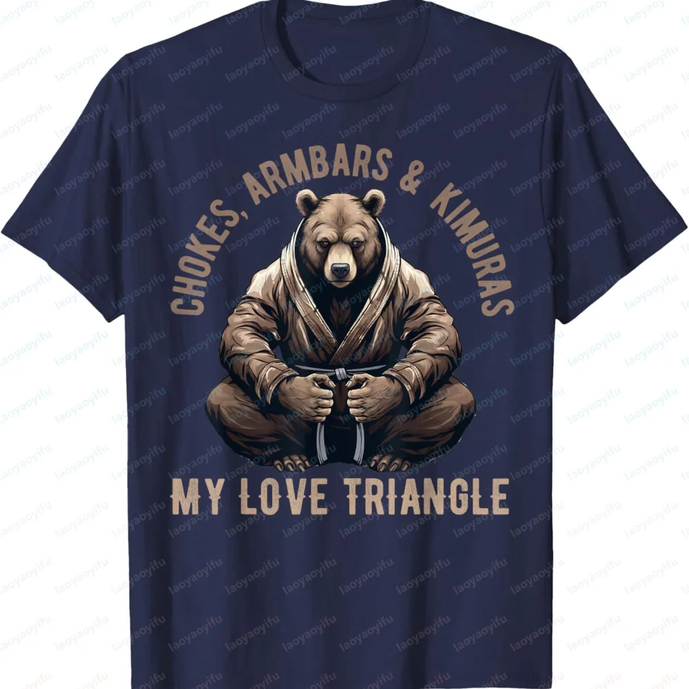 Men's Jiu Jitsu Bear Cotton T-Shirt Chokes Armbars Kimuras Love Triangle Print Casual Short Sleeve Crew Neck Tee for BJJ Fans