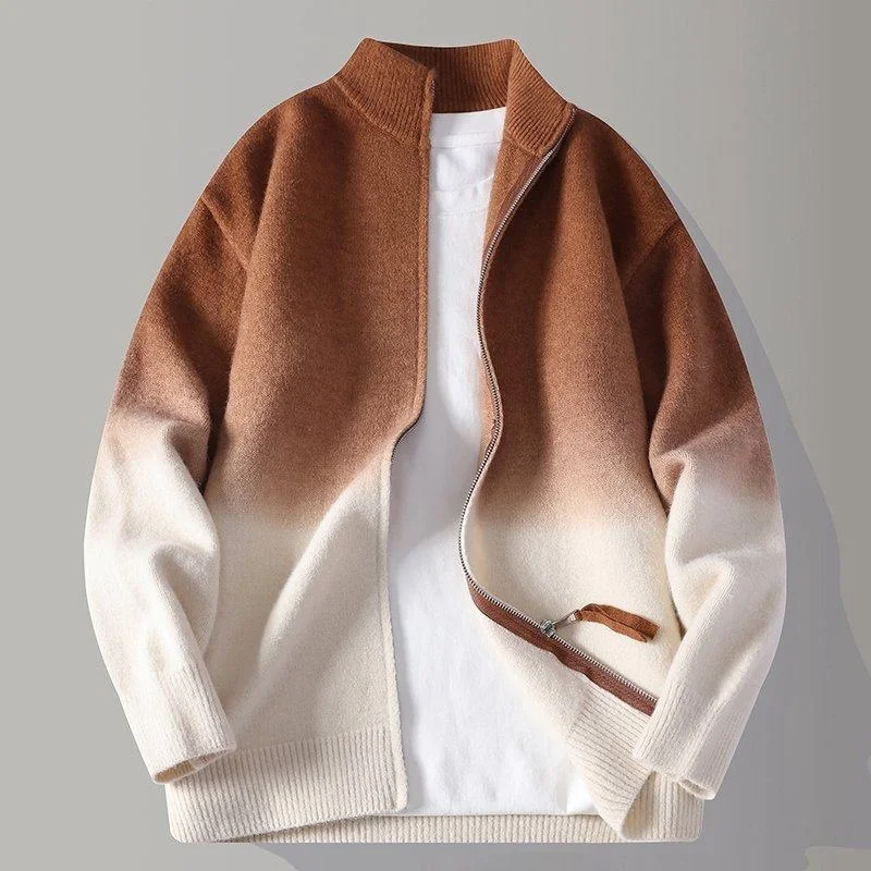 

Новый мужской вязаный свитер с длинным рукавом, градиентный цвет, воротник-стойка, повседневный, теплый, молодежный, осенне-зимний, открытый кардиган