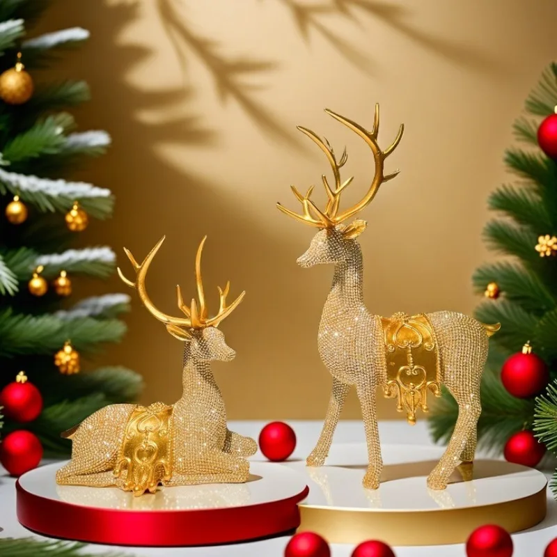 

Golden Deer and Reindeer Statues, Beads, Deer Ornaments, Elk Sculptures, Living Room Luxury Home Decor, Desktop Office