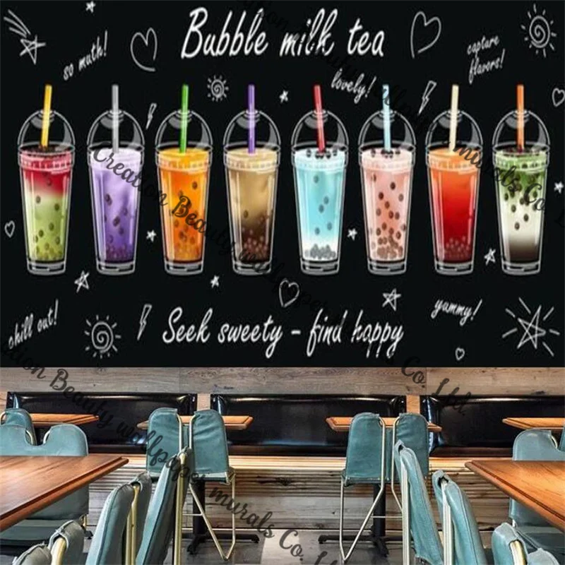 

Simple Black Background Wallpaper Milk Tea Shop Custom Mural Bubble Tea Shop Milk Cap Cold Drink Bar Industrial Decor Wall Paper