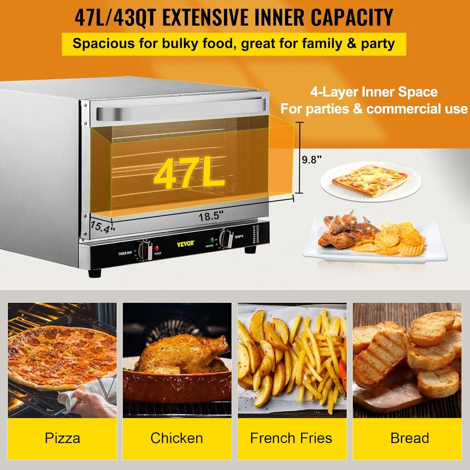 Forno de convecção comercial, 47l/43qt, bancada de forno convencional de meio tamanho, 1600w, torradeira de 4 camadas, cremalheiras de fio, luvas de clipe, 120v