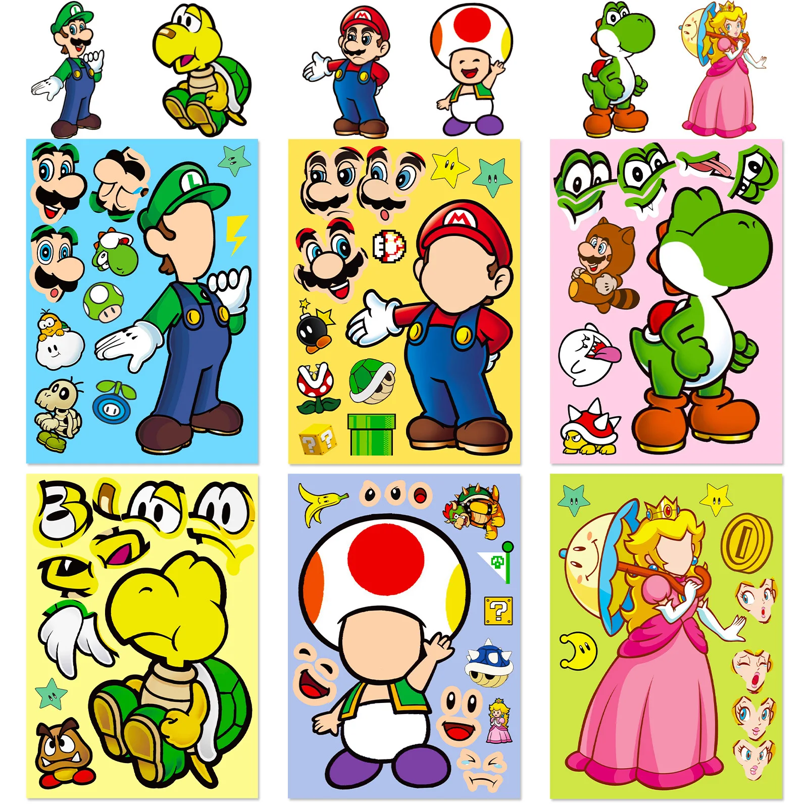 6pcs/set Super Mario Cartoon Sticker Toy Face Change Diy Puzzle Sticker Mario Action Figure Anime Peripheral Children\'s Toy Gift