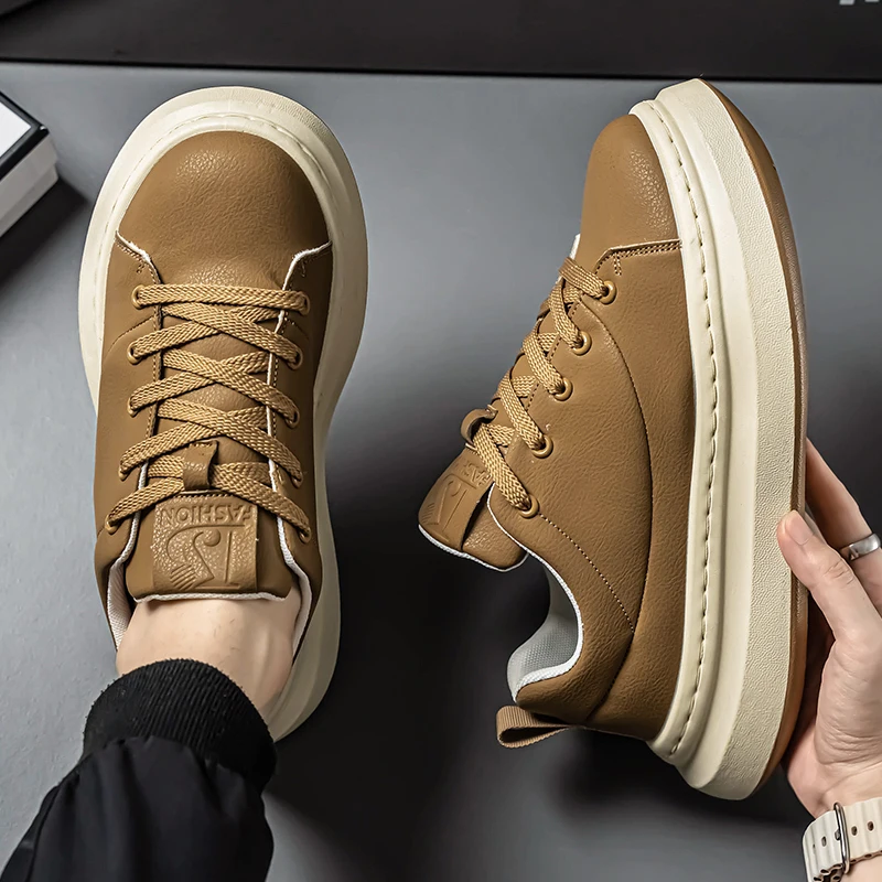 

New thick soled board shoes men's casual sports shoes PU casual shoes outdoor work shoes student fashion leather low top shoes