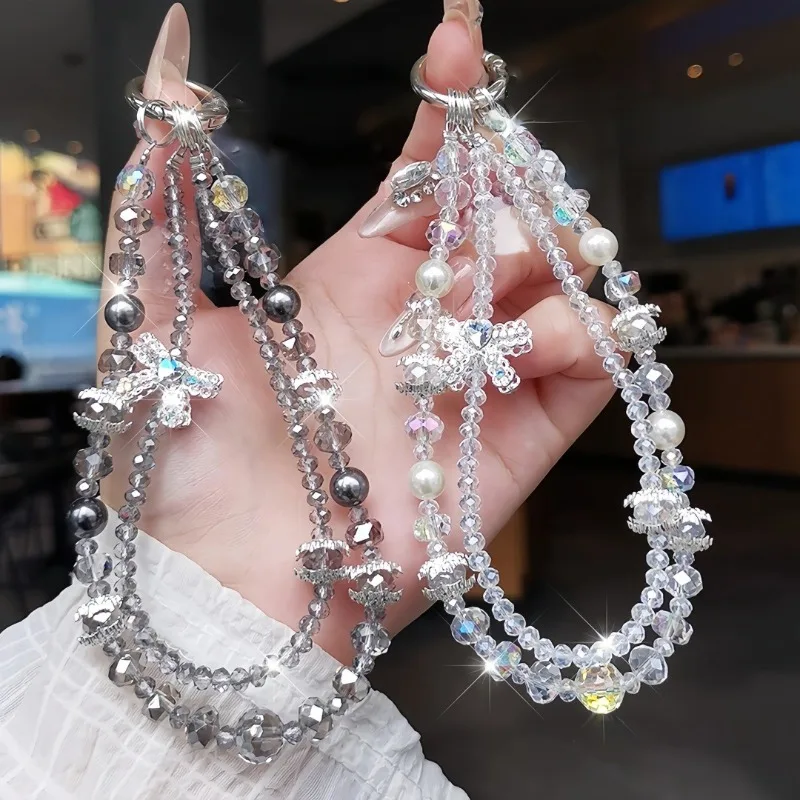 Luxury High-End Flash Diamond Bow Tassel Mobile Phone Chain Crystal Beaded Mobile Phone Lanyard Short Wrist Holding Chain