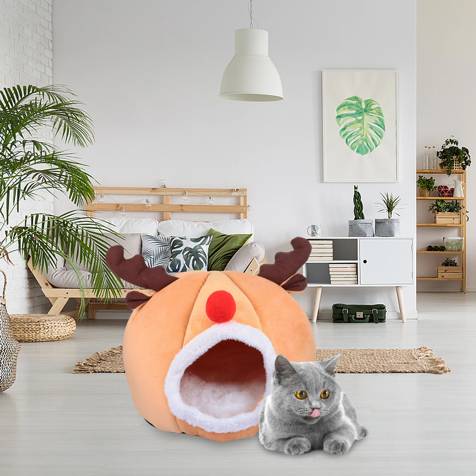 

Reindeer Style Cat House Warm Semi-Enclosed Pet Bed Small Dog Nest Winter Christmas Soft Sleeping Nest Cozy Indoor Use
