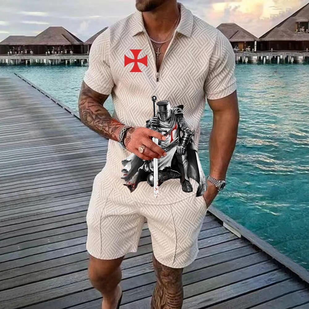 

Templar Graphic 3d Printed Men's Sports Set Casual Zipper Collar Shirt and Shorts 2-piece Summer Fashion Vintage Style Men's Set