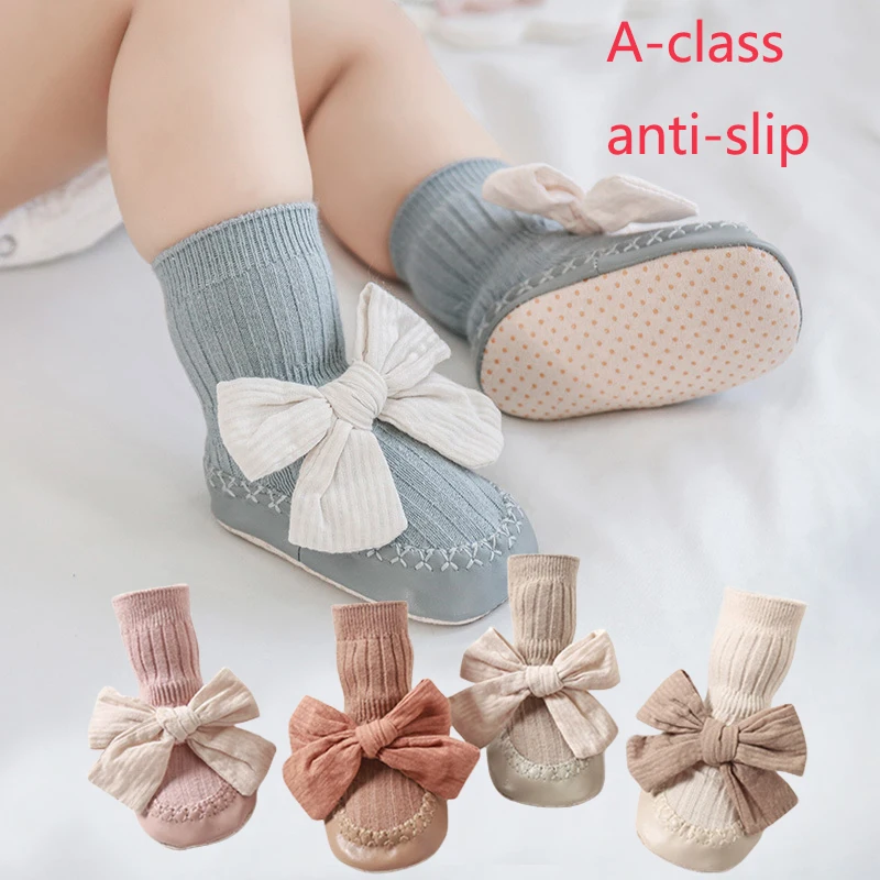 

2025 Korean Style Anti-Slip Newborn Baby Leather Sole Floor Socks with Big Bowknot for Walking Toddler Non Slip Footwear Socks