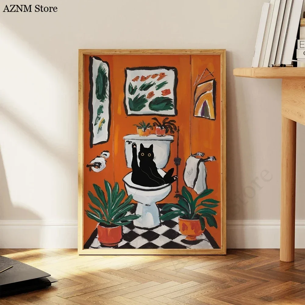 Badezimmer Katze liest auf Toilette Leinwand Wand Kunstdruck Poster lustige Tier Dekor Malerei Home Decor Geschenk ungerahmt