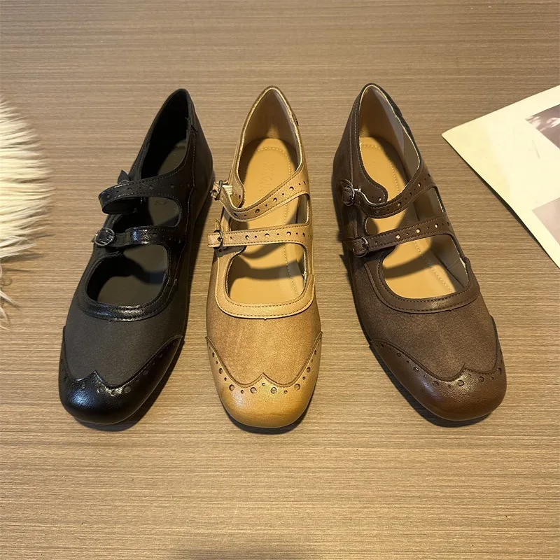 Vintage Square Toe Double Strap Mary Jane Shoes For Women Versatile Inner Height Increasing Leather Dress Footwear