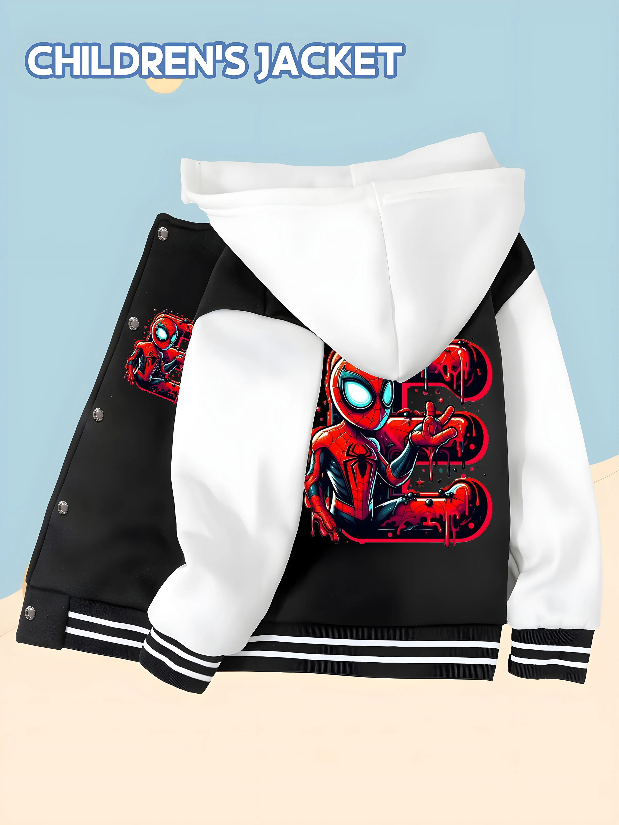 

MINISO Letter fusion Spider-Man children's baseball jacket cool hero print, black and white contrast color, trendy and childlike
