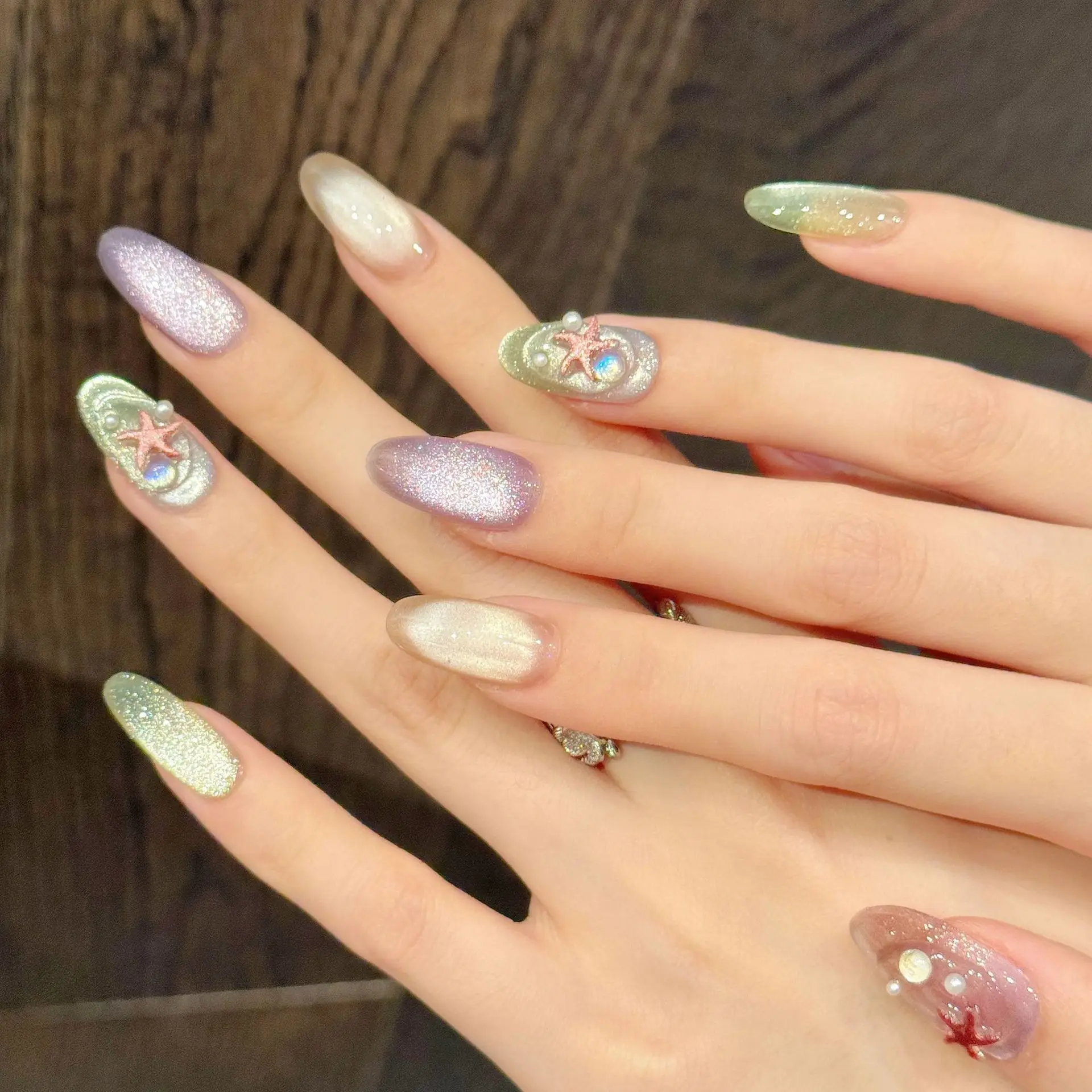 10pcs Cute Oval Handmade False Nails Art Ocean Cat's Eye Colorful Mid-length Press on Nails Tip Rhinestone Star Design Fake Nail