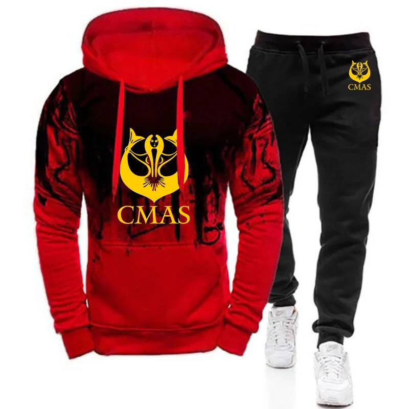 2025 primavera y otoño hombre buceo CMAS Logo estampado clásico chándal marca de moda sudaderas con capucha + pantalones largos deportivos delgados trajes