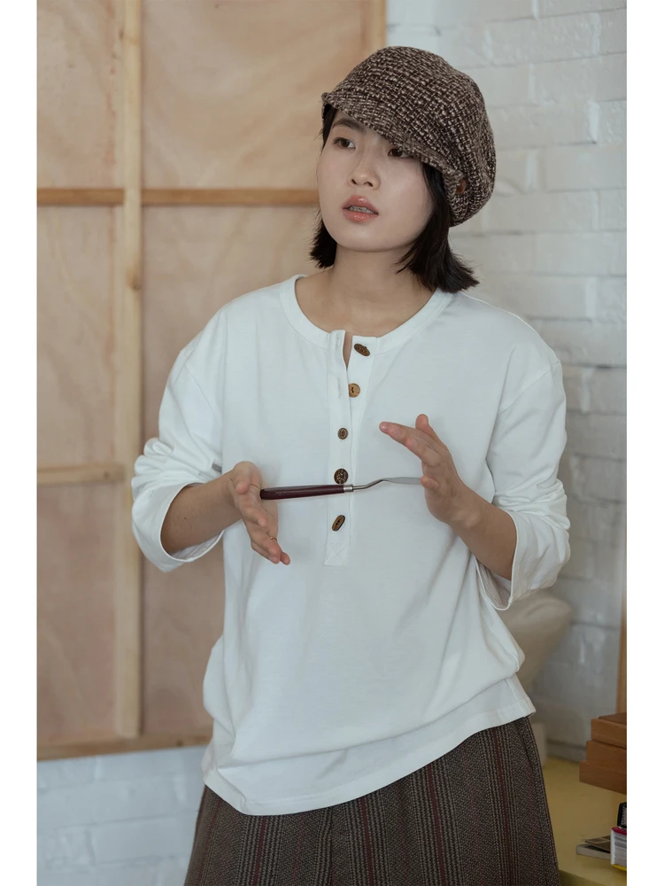 

Хлопковая футболка Ele Long Sve с воротником Генри, свободная посадка, женская модная нейтральная футболка, круглая, повседневная одежда для женщин