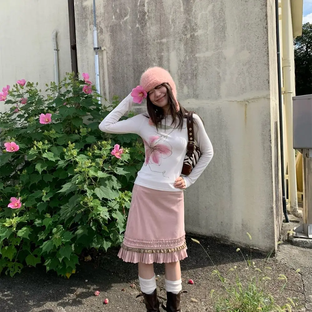 Fashion Rhinestone Floral Long Sleeve T-shirt Sweet Chic Slim Fit Top Korean Style Ladies Clothing Y2k Crop Tops Streetwear