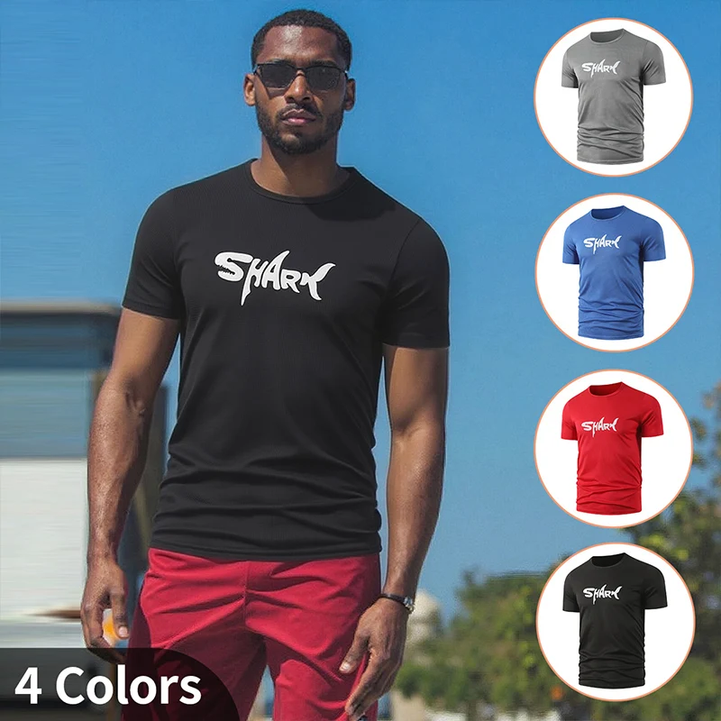 

4/1 piece men's summer fashion shark letter print short sleeved comfortable plus size round neck T-shirt sports and fitness top