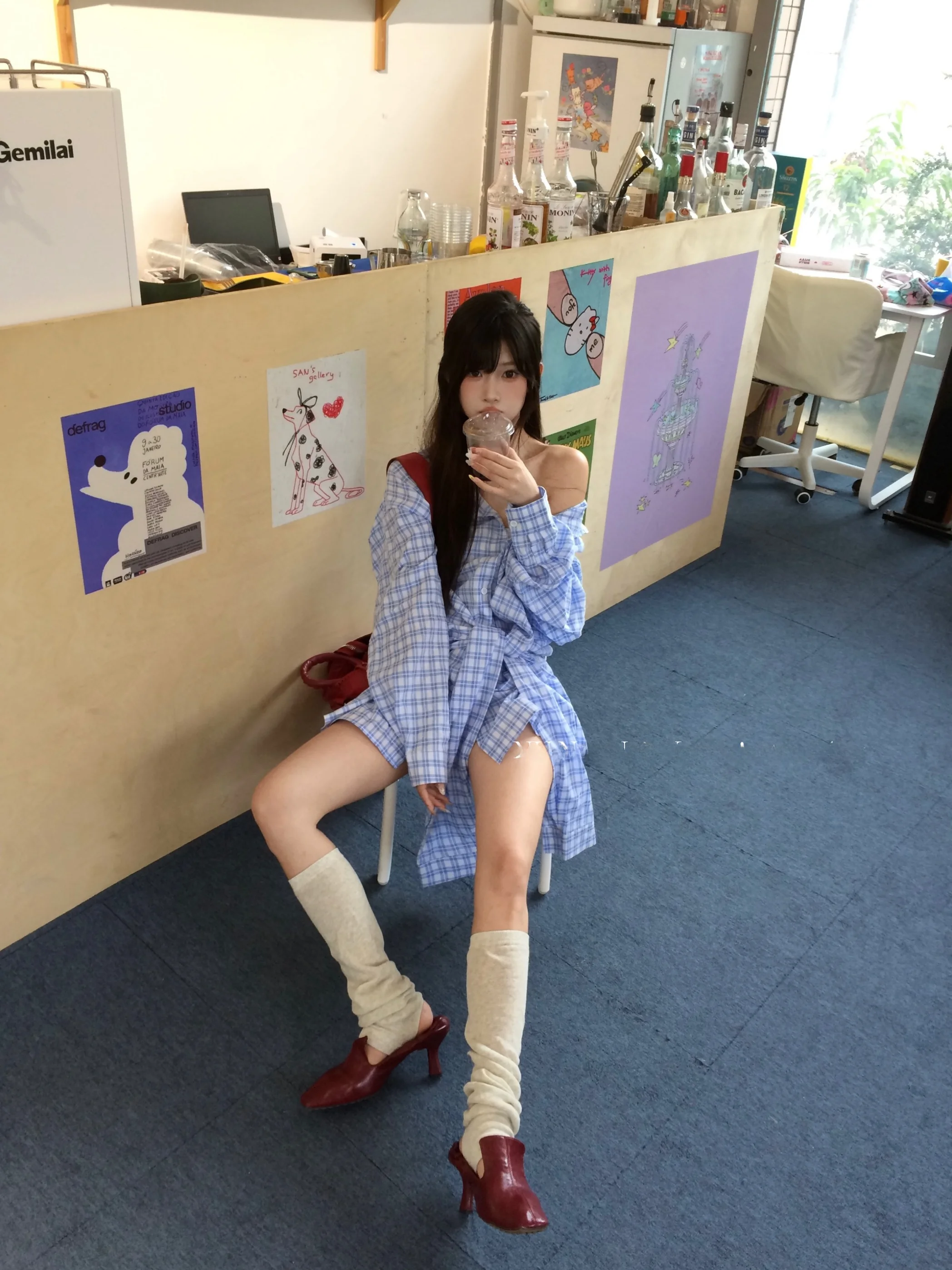 

Loose Plaid Collar irt Waist Inward Coat Blue Cake Design Sense Long Sve mid Length Polyester Women's Busin Casu...