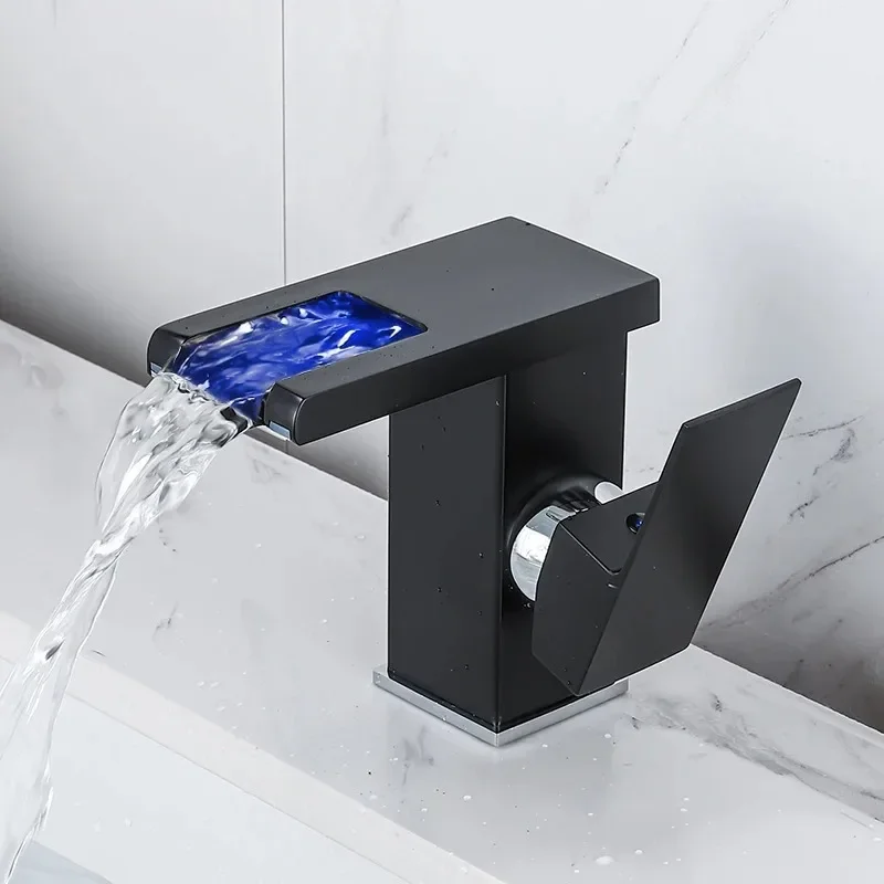 LED Waterfall Basin Faucet Single Handle Temperature Sensitive Mixer Contemporary Bathroom Wash Tap LED Display Basin