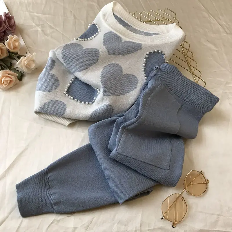 

Two Piece Women Pants Sets Cooling Set Heart Pattern O Neck Short Sleeve Top Drawstring Jogger Pant Casual 2025 Spring Summer