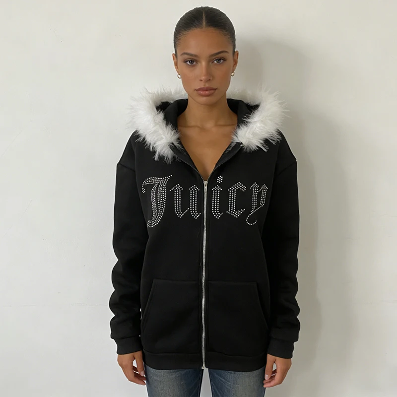 Subculture Y2K new fur collar cardigan sweatshirt zipper jacket European and American letter hot stamping retro sweatshirt jacke - view 4