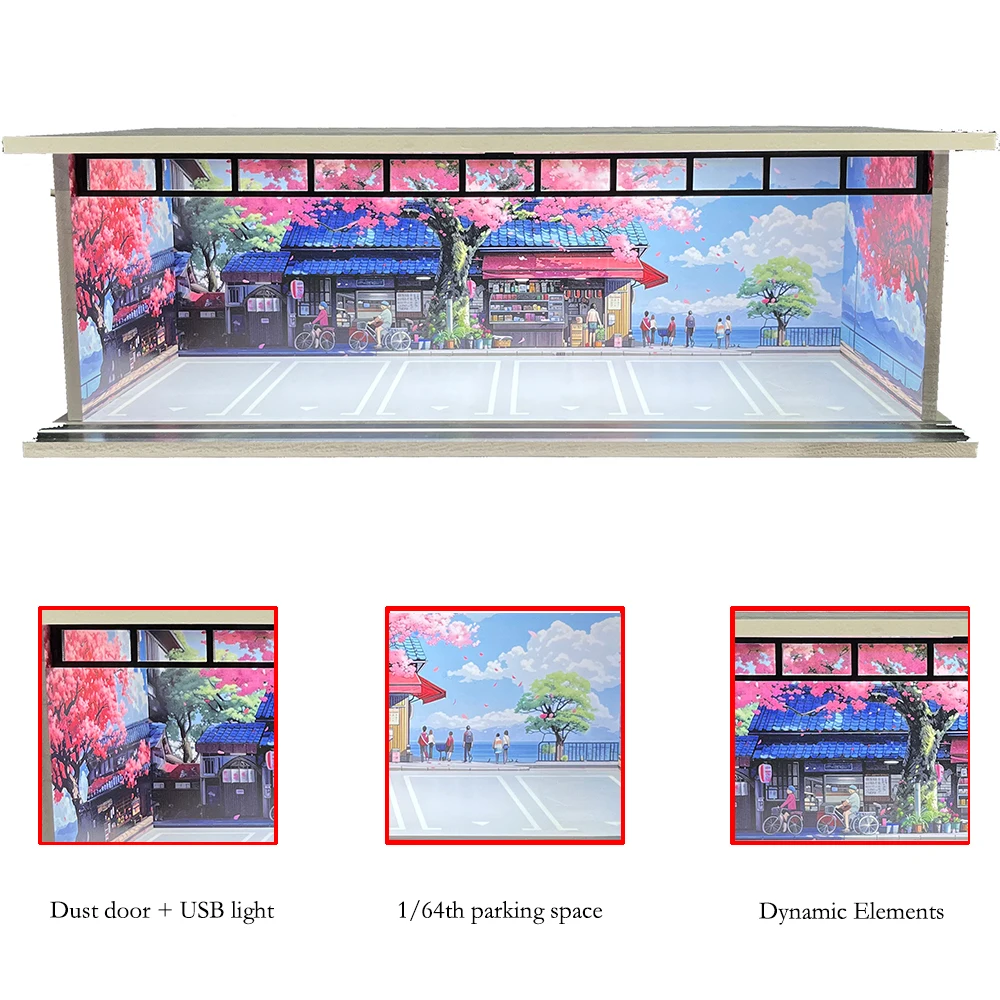 1/64 مقياس دييكاست سيارة عرض القضية مع مصباح ليد واقعية سيارة المرآب ديوراما المنمنمات نماذج مجموعة دييكاست سيارة عرض حالة