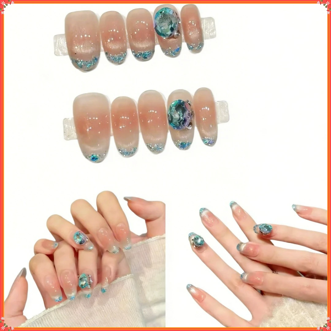 10pcs Handmade Fake Nails Short Oval/Middle Oval Bare Powder Gradient Press On Nails False Nails French Blue Diamond Design