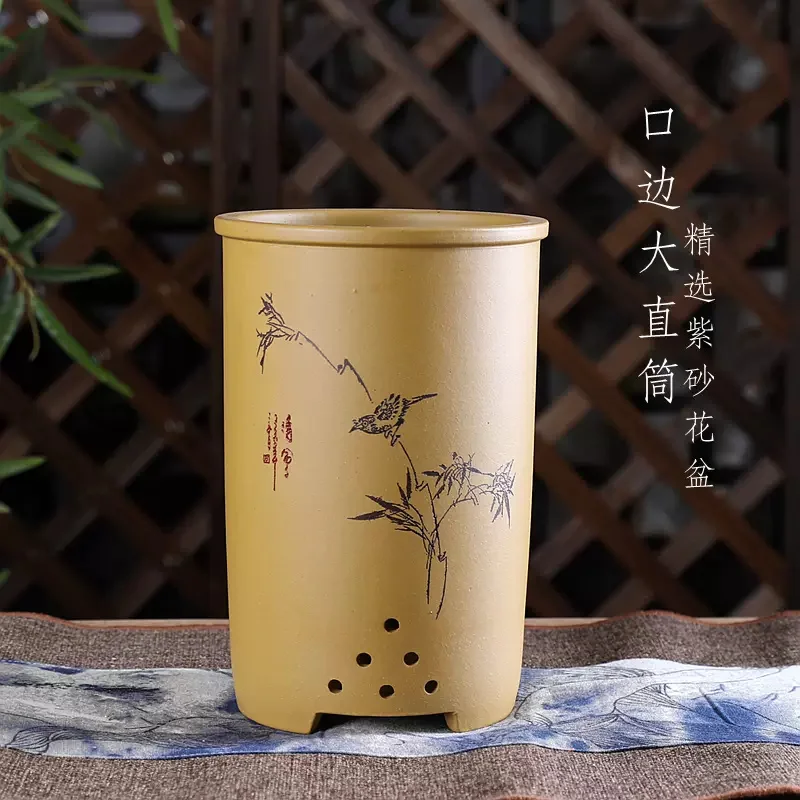 Ceramic Handmade Carved Cylindrical Bonsai Pot,Sparrow Bird Pattern,Pottery Vase, Chinese Traditional Garden Decoration