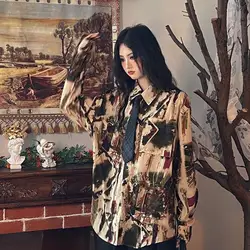 Retro Hong Kong Style Personalized Loose Oil Painting Shirt for Women New Niche Design Casual Fashion Shirt Top